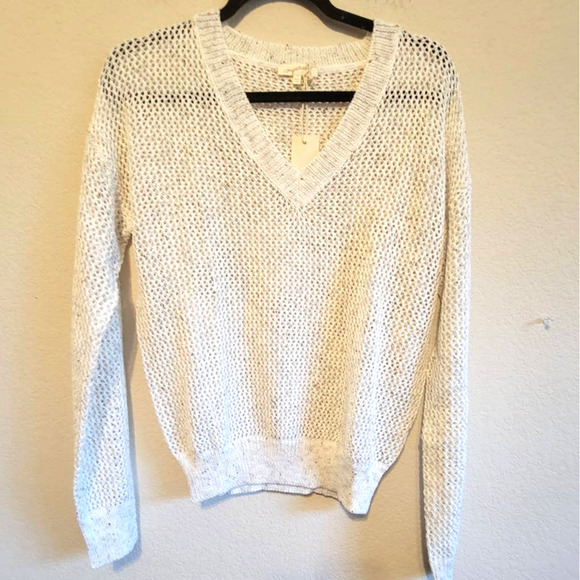 Mystree Sweaters - Mystree Womens Sweater Long Sleeve Open Weave Knit  V neck Natural Small